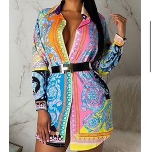 Oversized Long Sleeve Baroque Print Blouse